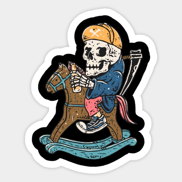 skeleton riding wooden horse Sticker by Densap.id